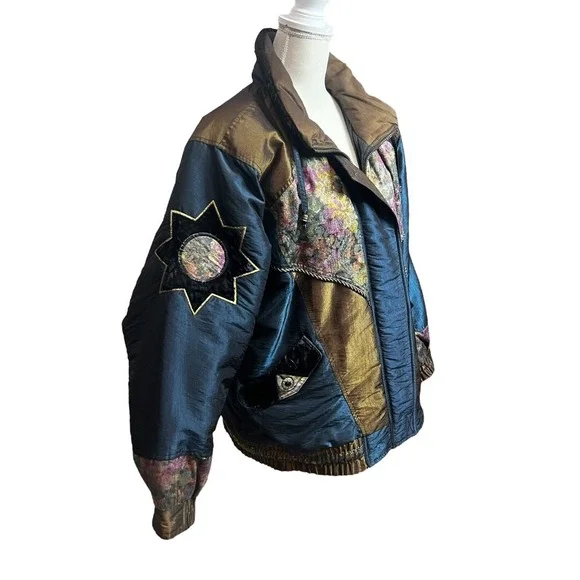 VTG 90's Braetan Patchwork Floral Ski Jacket SZ Large Metallic Turquoise Brown - Picture 2 of 12